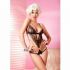 Grapes - Body nero in tulle e pizzo con ricami rossi XL
