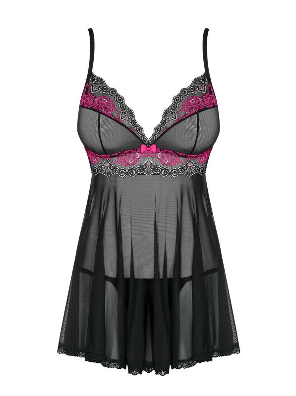 Tulia Affascinante babydoll nero con disegno floreale in colore rosa